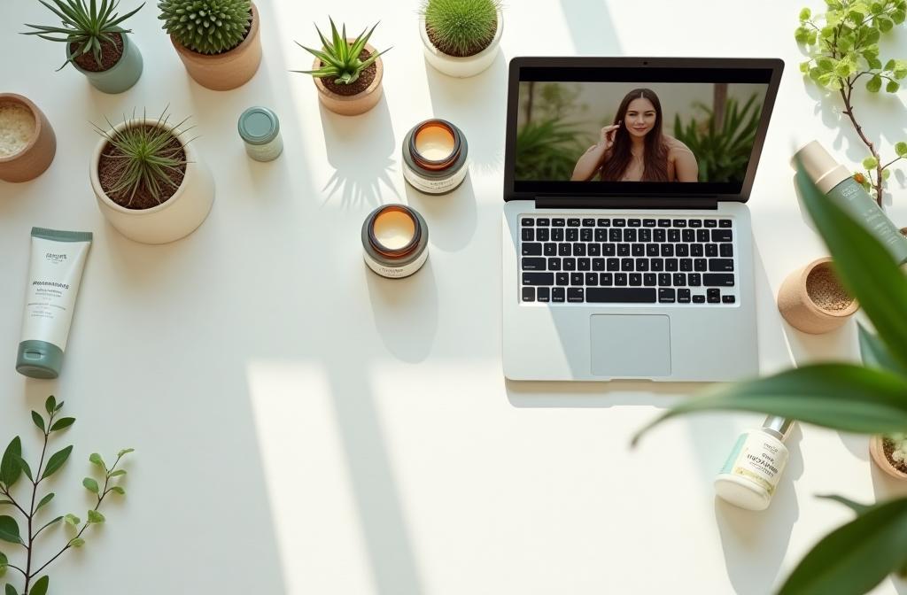 Beautifully arranged organic handmade cosmetics with a laptop displaying streaming content