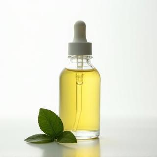 Organic facial serum in a clear glass bottle with a dropper
